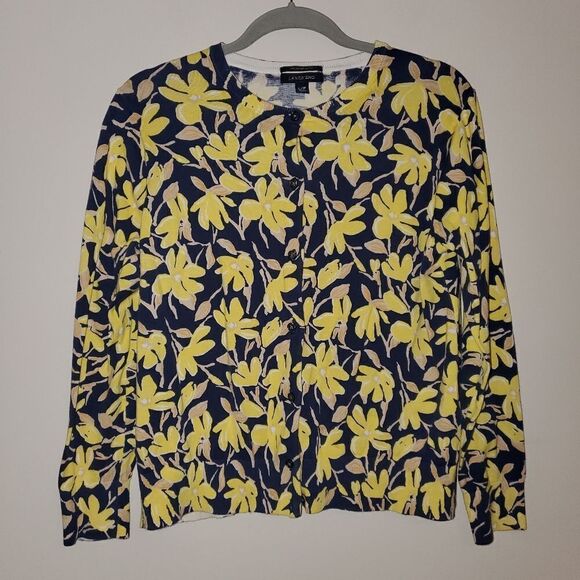 LAND'S END NAVY YELLOW TAN FLORAL BUTTON DIWN CARDIGAN SIZE LARGE - Picture 1 of 4